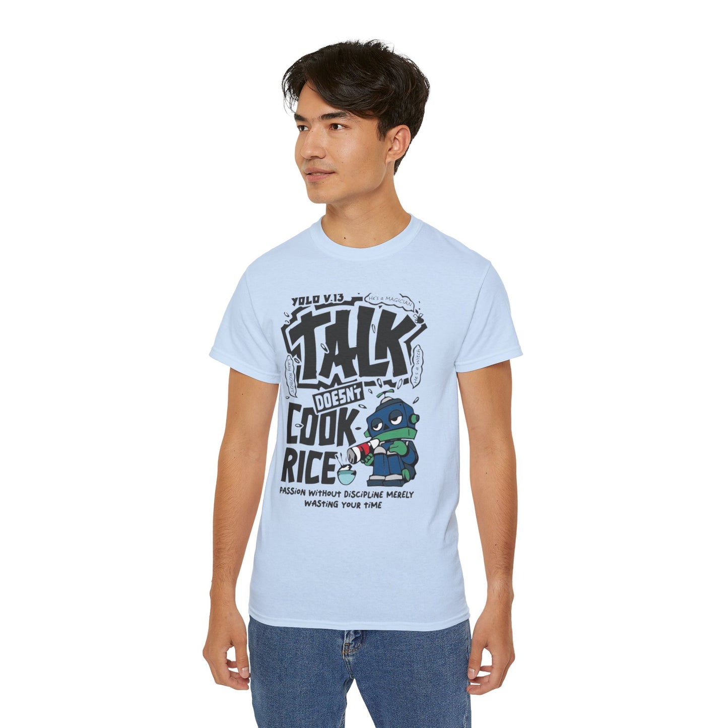 Funny Cooking Tee, Motivational Unisex T-Shirt, Talk Doesn't Cook Rice Shirt, Gift for Foodies, Casual Everyday Wear